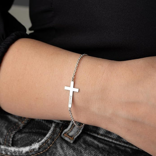 Personalized Cross Bracelet for Women with Custom Names, 925 Sterling Silver