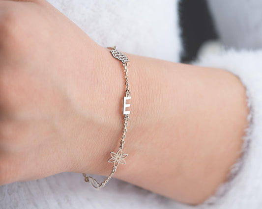 Personalized Flower and Initial Bracelet with Birthstone for Women, 925 Sterling Silver