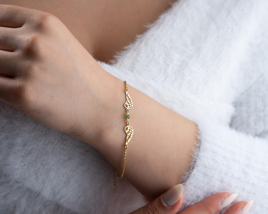 Personalized Angel Wing Bracelet with Birthstones for Women,925 Sterling Silver