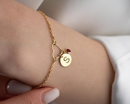 Personalized Bracelet for Women with Birthstone and Initial Disc, 925 Sterling Silver