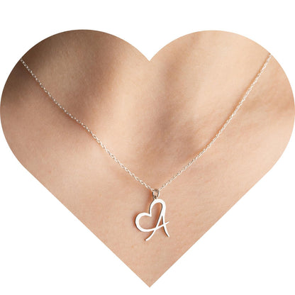 Custom Initial Necklace with Heart, 925 Sterling Silver