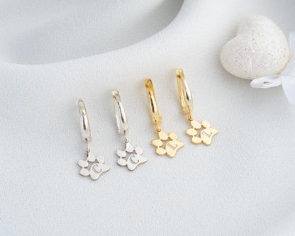 Personalized Paw Initial Earrings for Women Hoop Earrings with Letter Charm, 925 Sterling Silver