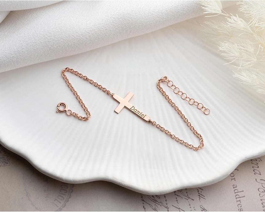 Personalized Cross Bracelet for Women with Custom Names, 925 Sterling Silver