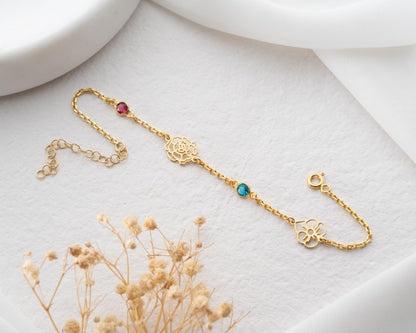 Personalized Flower and Initial Bracelet with Birthstone for Women, 925 Sterling Silver