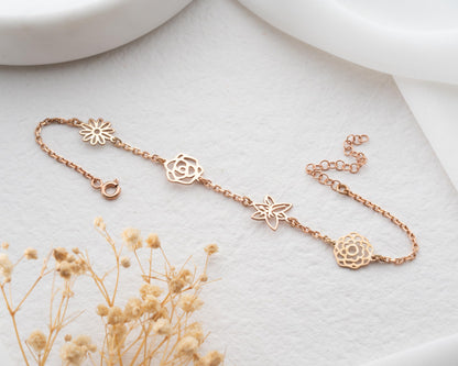 Personalized Flower and Initial Bracelet with Birthstone for Women, 925 Sterling Silver