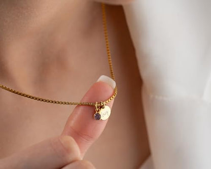 Personalized Disc Name Necklace with Birthstone, 925 Sterling Silver