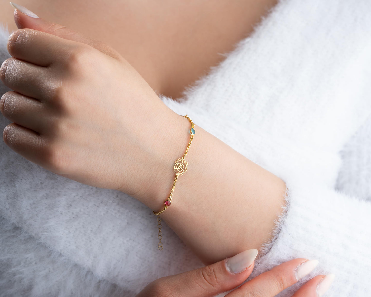 Personalized Flower and Initial Bracelet with Birthstone for Women, 925 Sterling Silver