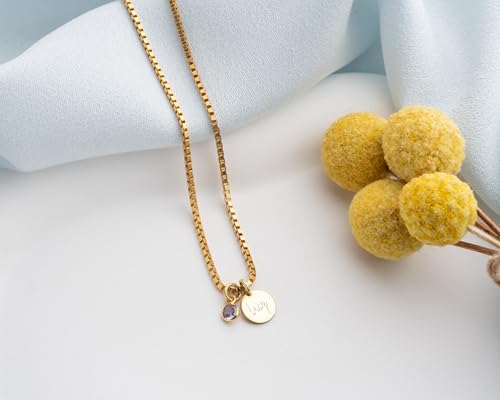 Personalized Disc Name Necklace with Birthstone, 925 Sterling Silver