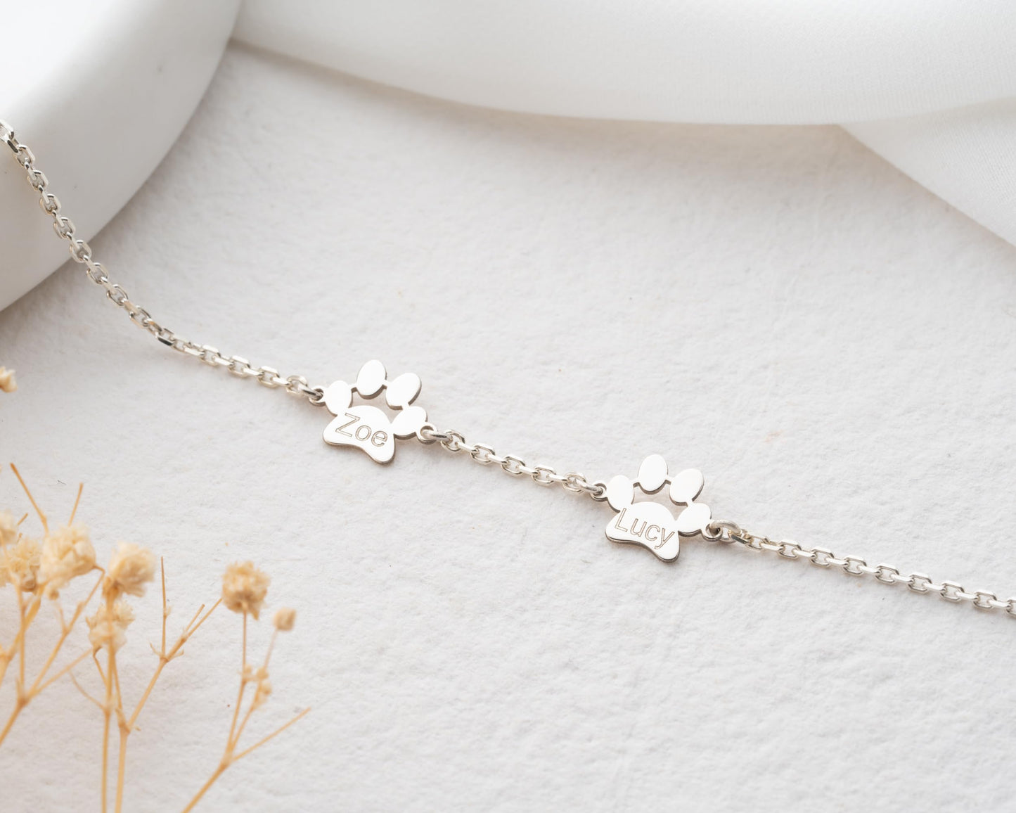 Personalized Paw Bracelet with Name for Women, Pet Jewelry, 925 Sterling Silver