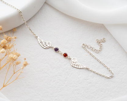 Personalized Angel Wing Bracelet with Birthstones for Women,925 Sterling Silver