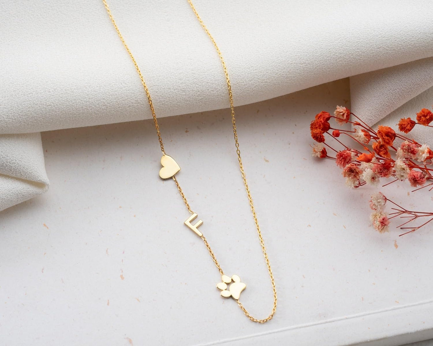 Personalized Dainty Initial Paw Necklace, 925 Sterling Silver