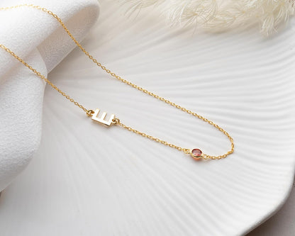 Initial Letter Necklace with Birthstone, 925 Sterling Silver