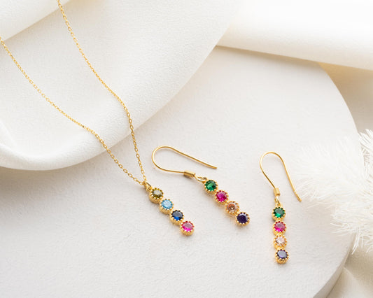 Personalized Necklace and Earring Set with Birthstones for Women, 925 Sterling Silver