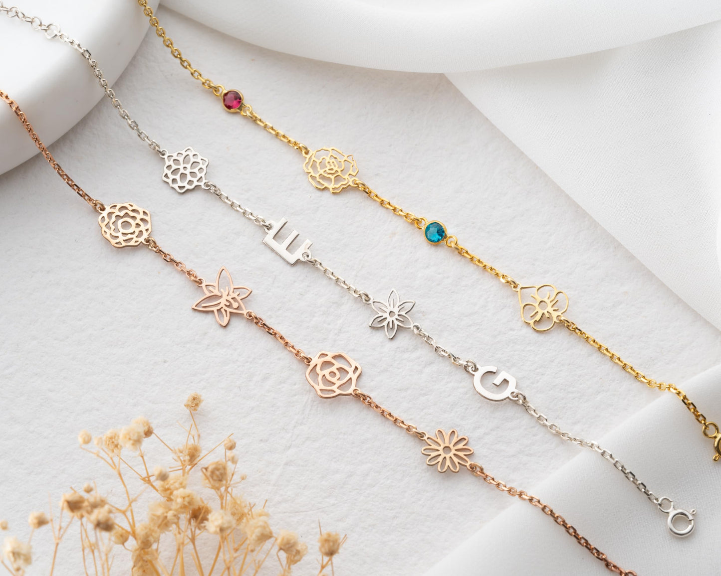 Personalized Flower and Initial Bracelet with Birthstone for Women, 925 Sterling Silver