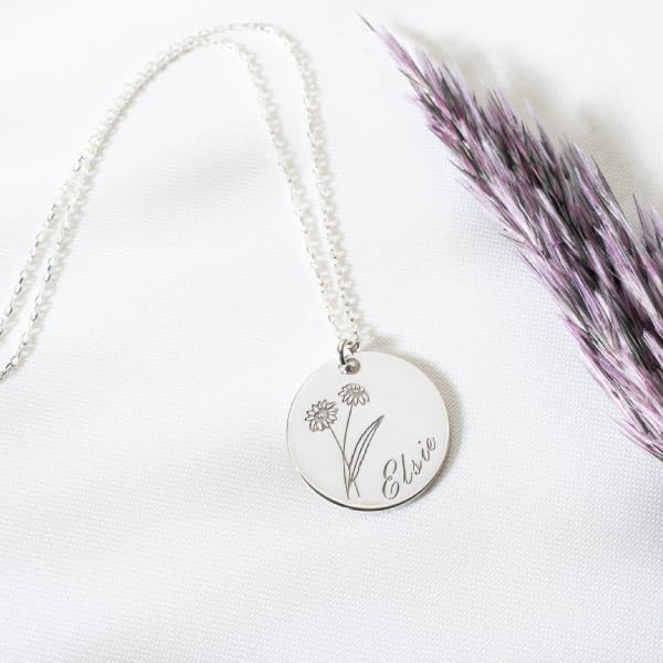 Custom Birth Flower Name Necklace with Birthstone, 925 Sterling Silver