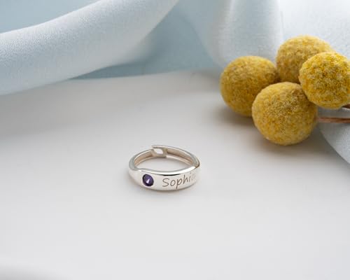 Personalized Engraved Name Birthstone Ring Custom, 925 Sterling Silver