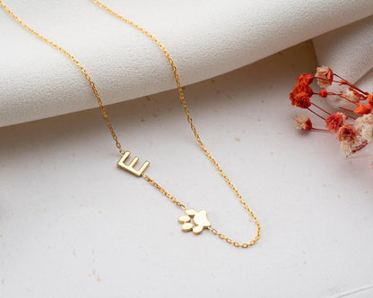 Personalized Dainty Initial Paw Necklace, 925 Sterling Silver