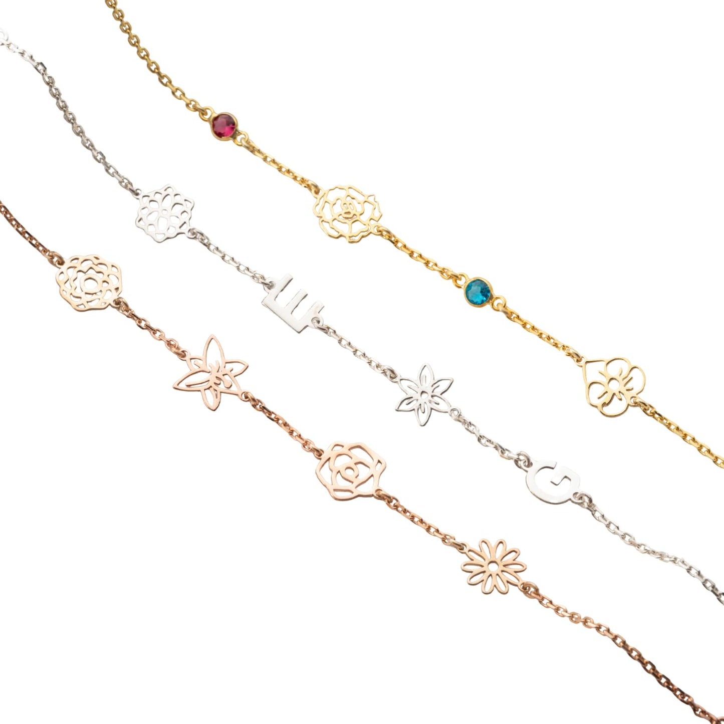 Personalized Flower and Initial Bracelet with Birthstone for Women, 925 Sterling Silver