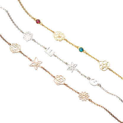 Personalized Flower and Initial Bracelet with Birthstone for Women, 925 Sterling Silver