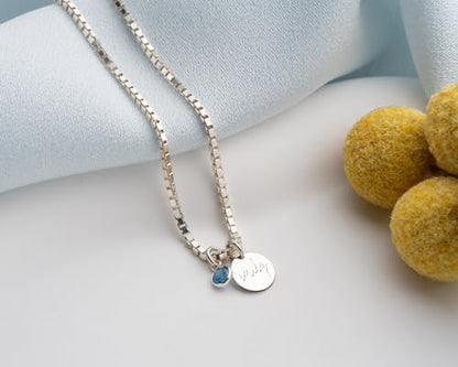 Personalized Disc Name Necklace with Birthstone, 925 Sterling Silver