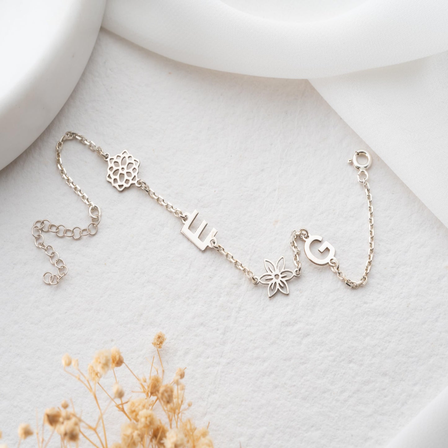 Personalized Flower and Initial Bracelet with Birthstone for Women, 925 Sterling Silver