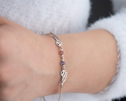 Personalized Angel Wing Bracelet with Birthstones for Women,925 Sterling Silver